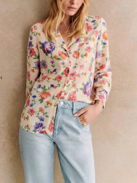 Blouses femininas Mulheres Mulheres Blusa de seda de seda de peito de seda estampa casual casual ladras vintage entalhadas com manga longa camisa tops primavera 2024