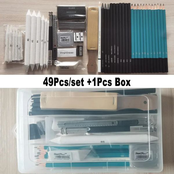 Set 33pcs 50pcs set sketch kit con box organizer Case Artist Drawing Pencil 5H8B Charcoal Grafite Stick BAR ROD BEMAD ERASER