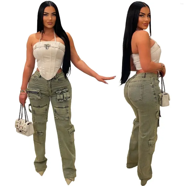 Jeans femininos Vintage Lavagem Mulher Moda de bolso Pão de bolso Ponta de cintura alta zíper Denim Casual Streetwear calça