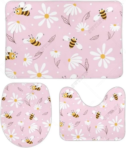 Badmatten Cartoon Biene Badezimmer Teppiche Set 3 Stcs Pink Daisy Nicht -Schlupf -Absorption Teppich U Form Matte und Toilettendeckel Deckel Dekorationen