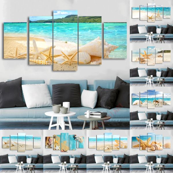 5 painéis de estrenidade de estrenidade pintura de mar de praia Arte de parede de praia Conch shell Poster impressa a imagem da paisagem para decoração da sala de estar