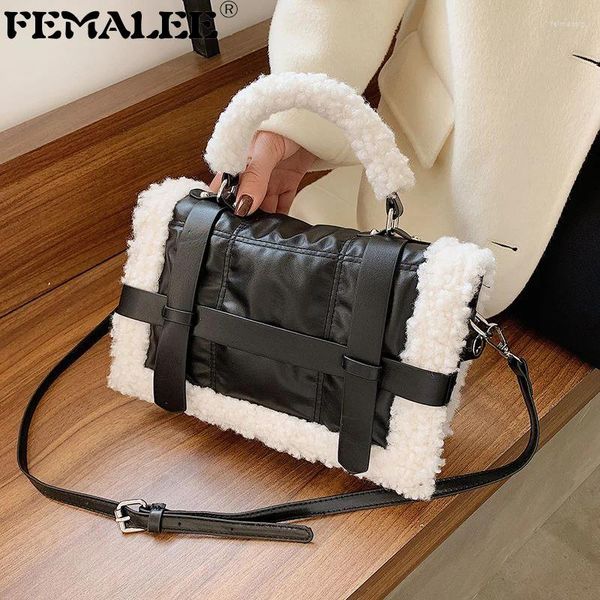 Umhängetaschen Winter Women Lambswool Ins PU Patchwork Flush Totes Vintage Single Satchel-Geldbörse stilvoller Griff Cross-Body-Tasche