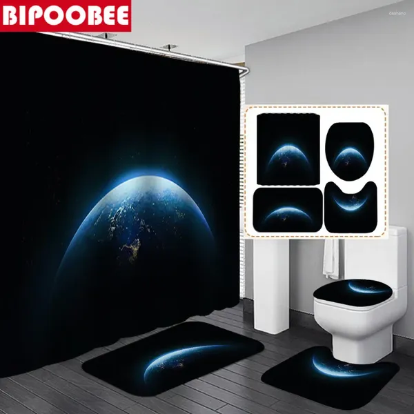 Duschvorhänge dunkler Space Planet Erddruck Vorhang 3D Badezimmer Set Toilettenabdeckung Badmatten Basis Anti-Skid-Teppich-Wohnkultur