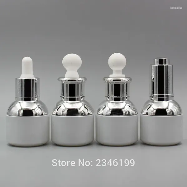 Depolama Şişeleri 30ml 30g 15pcs/lot İnci Beyaz Cam Şişe Şişe Kapak Damlağı Kauçuk Üst Kozmetik Essence Serum Paketleme Şişeleri.