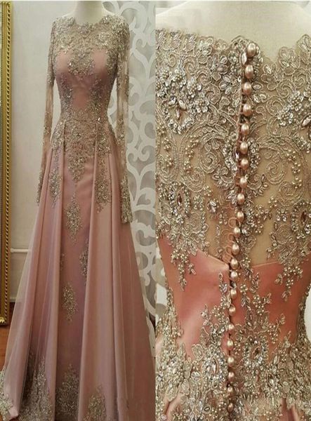 2021 Vestidos de noite rosa blush para mulheres usam jóias de mangas compridas Apliques de renda dourada com miçangas de cristal sexy formal formal p3235068