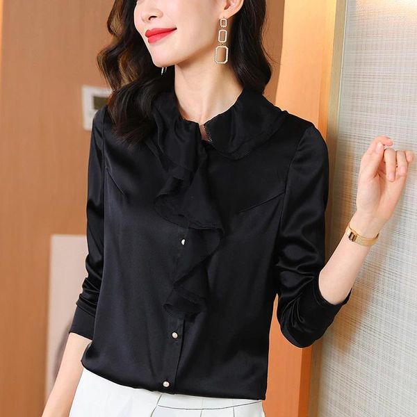 Camicette da donna Elegante camicia nera Black Shirt Spring Summer Turn-Down Collar Long Maniche camicie femminile femmina Seta Trota di seta