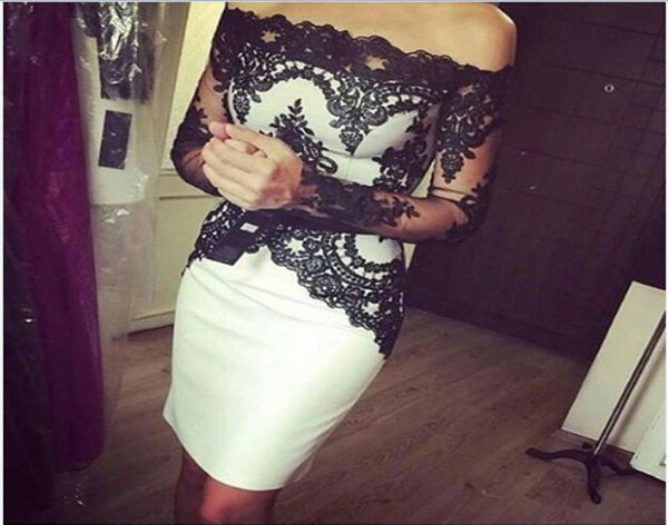 2019 Sexy White and Black Lace Knee Knee Mother of the Bride Dresses com mangas compridas fora do ombro