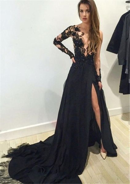 Abschlussballkleider lang 2019 sexy durch und durch lange Ärmel Abschlusskleid Applikationen Spitze hochseitenschlitz schwarz Chiffon Abendkleider9427527