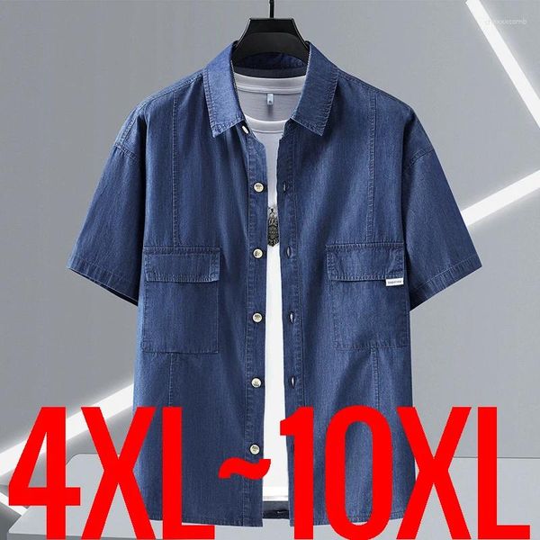 Camicie casual maschile 2024 in uomo camicia abbottonabile stappa collare manica corta denim estate classico jean top top maschio di grandi dimensioni 10xl blu