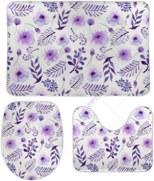 Tappeti da bagno set da 3 pezzi Fiori di viola a acquerello con contorno non slittamento e coperchio del coperchio per bagno