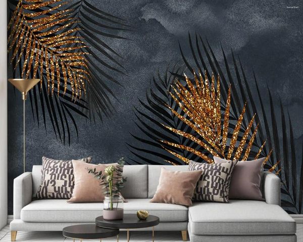 Sfondi Papel de Parede Modern Luce di lusso Abstract Golden Tropical Plants Premium Grey Background Murale Murale 3D Decorazioni per la casa