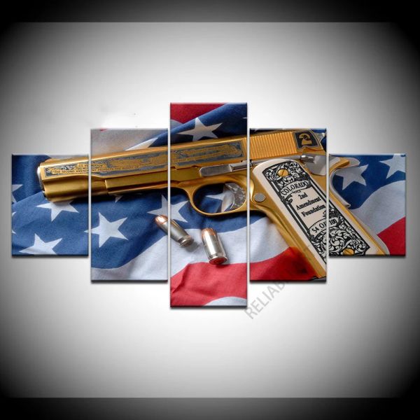 5 -teilige moderne Goldpistole auf der amerikanischen Flagge Leinwand Malerei Bullet Pistol HD Bilder Wandkunst für Wohnzimmer Home Dekoration