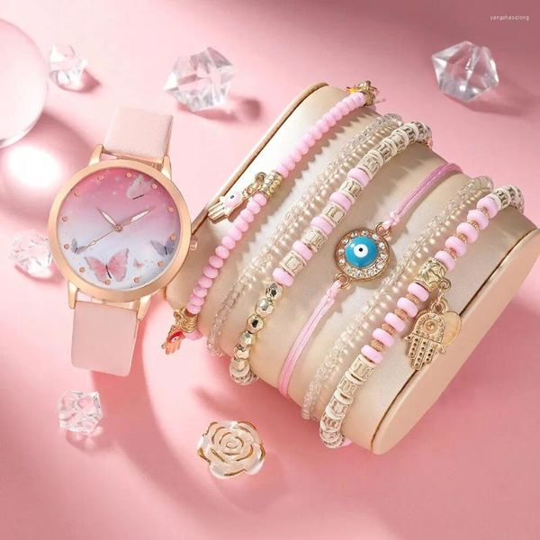 Armbanduhren 7pcs Frauen Uhr Set Fashion Casual Pink Leder Schmetterling Quarzaltz Armband