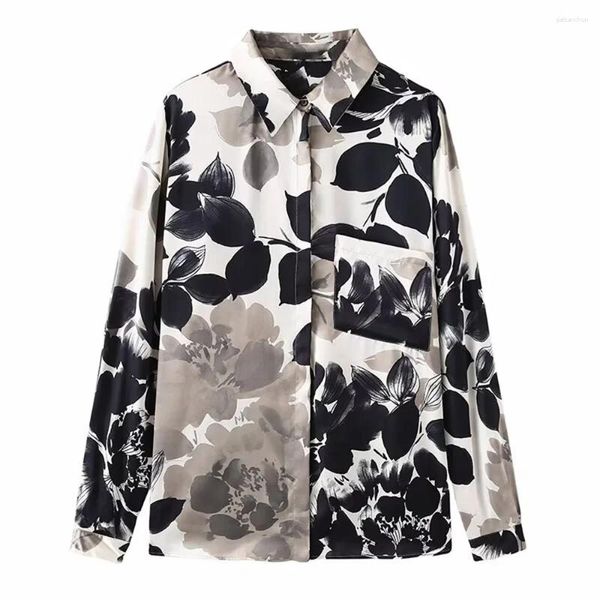 Blusas femininas unizera2024 saco de giro de giro de primavera decorado com estampa de flor camisa de textura de cetim de seda de flor