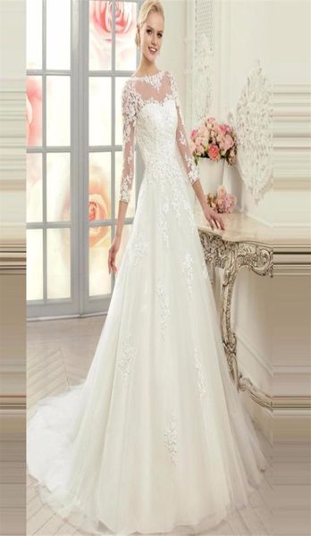 Vestidos de noiva de apliques de renda com manga de três quartos, veja os botões Aline Back Bridal Dress Robe de Soiree Longue3509745