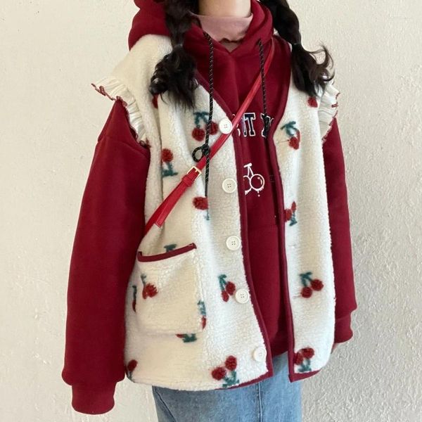 Giubbotti da donna Sweet Cherry Stampa di lana in lana in finta agnello Donna autunno inverno stile college giacche coreane senza maniche