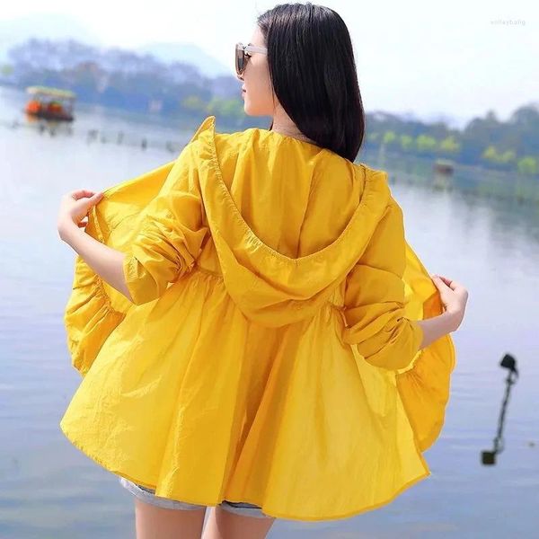 Kadın Ceketleri 2024 İleri Kısa Geri Uzun Güneş Koruma Giyim Lady Yaz Moda Kapşonlu Nefes Alabaş Kollar Klima Gömlek