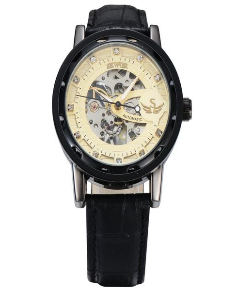 SEWOR Luxus Skelett mechanische Uhr Golden transparent Steampunk Clock Brand Männer Leder Band Uhr Relogio SWQ136141172227