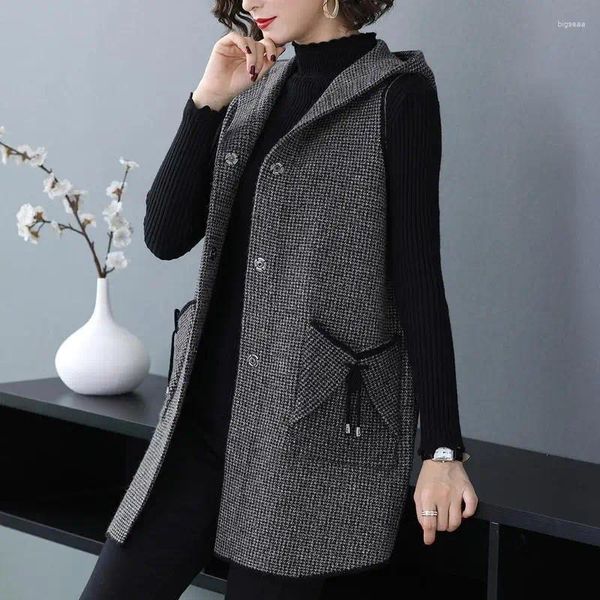 Giubbotti da donna in stile autunno senza maniche canotta a maglia canotta cardigan medio-lungo cappotto con cappuccio con cappuccio casual 2024 x185