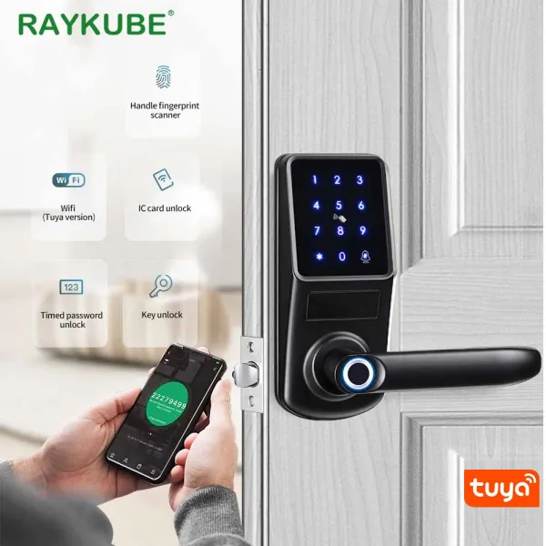 Blocca Raykube A290F Smart Fingerprint Door Lock Deadbolt Tuya App WiFi Remote Control Apri la porta con Chiave e IC Card Smart Home