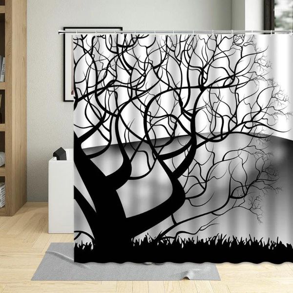 Tende da doccia Black White Tree Arte Decorazioni da bagno Foglie del bagagliaio Tenda in tessuto poliestere impermeabile con 12 ganci