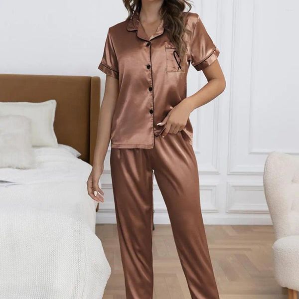 Heimkleidung Frauen Satin Pyjama Set Women's Summer mit seidigem Herzen Stickerei Elastische Taille Wide Leghose 2 Stück Homewear