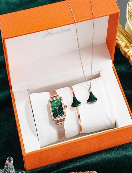 Fasina Fashion Watch Set Setties Ladies 30mm Quartz diariamente à prova d'água de relógio de pulseira Kit de colar de pulseira Green Square Dial Birthday 8618843