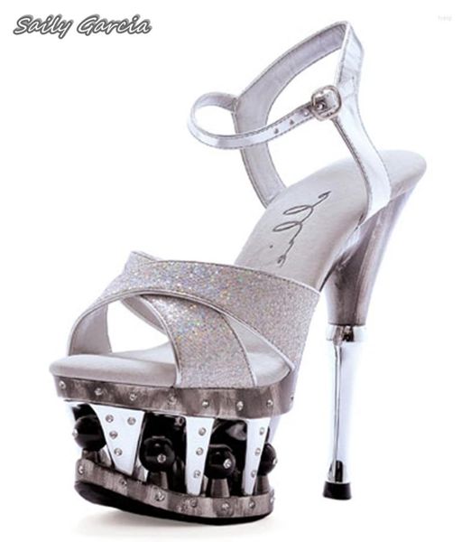 Sandali in argento con fibbia aperta cinghia tallone trasparente di grandi dimensioni 16 cm Scarpe da festa sexy Crystal