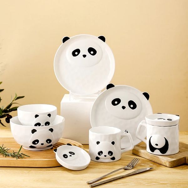 Panda Schalen Teller Kinder Cartoon Keramikgeschirr Kaffee Tasse Küche Suppenschale Salat Schüssel handgefertigt hochwertige feine Porzellan 240321