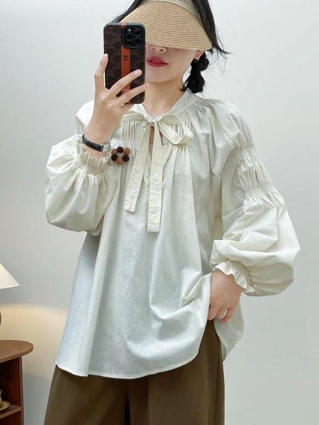 Женские блузки 2024 Spring Mori Рубашка с твердым цветом фонаря рукав хлопковой льня французская блузка женщина
