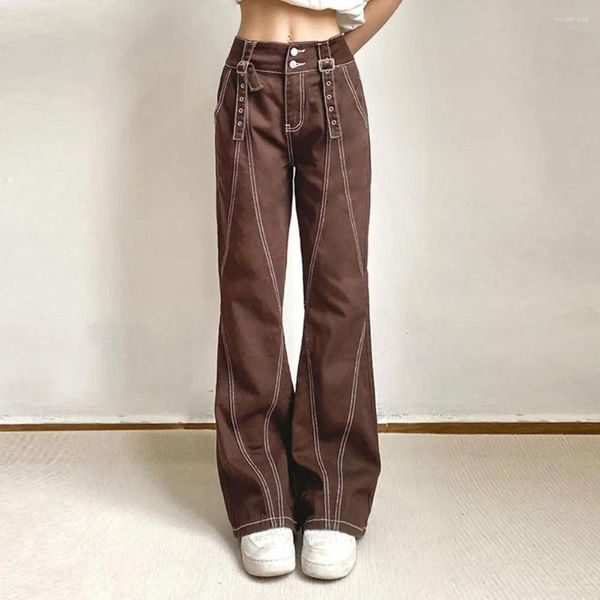Frauenhose Mode Retro High Taille Taschen Metall Schnalle lässige braune Jeans gerade weites Bein schlanker langer Jeans Streetwear