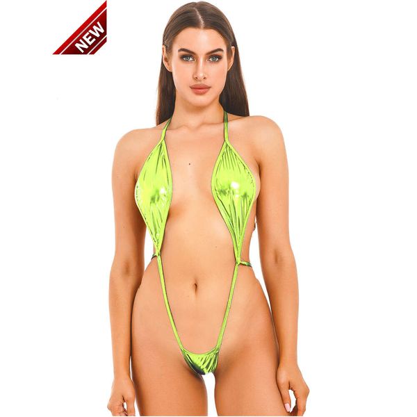 2024 neuer Modedesigner sexy Bikini Sets billige Frauen glänzende extreme Schlinge Schuss Monokini Badeanzug einteiliger Halfter Schnürfleisch Tanga Bodysuit Teddies Dessous sexy