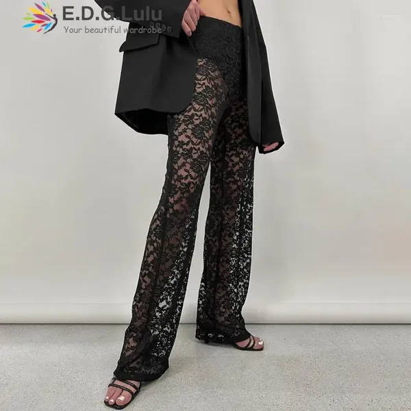 Calça feminina Edglulu Mulheres sexy Veja através de ocaso bordado renda preta calça alta cintura alta perna reta feminina de verão de rua 0327