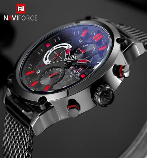 Naviforce Brand Black Fashion Mesh Steel Mens Quartz Watch 24 -часовые часы мужские спортивные военные наручные часы Relogio Masculino204904110