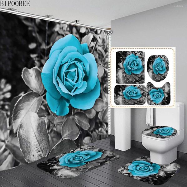 Duschvorhänge blauer Rosenvorhang für Badezimmerdekoration graue Blätter Flanell Toilettendeckel Abdeckung Nicht -Schlupfteppich Badematten Teppiche Hausdekoration