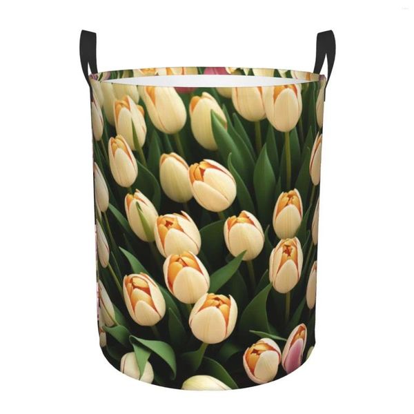 Bolsas de lavanderia cesta circular de tulipa amarela roxa com alça portátil de armazenamento de armazenamento de armazenamento de roupas de vestuário
