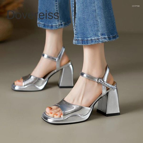 Sandalen 2024 Sommer echtes Leder Gold Silber Pure Color Platform Block Heels Dicke klobige wasserdichte Damenschuhe