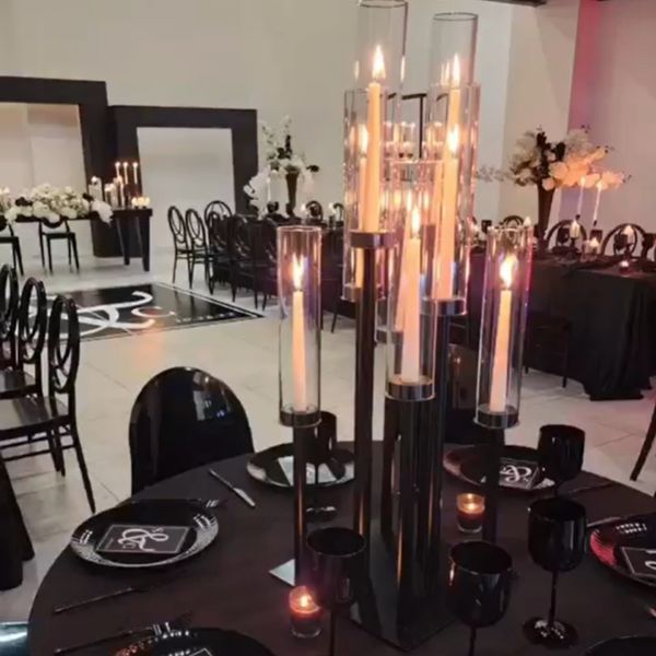 somente para a vela de led) Casamento Black Center Piece Decoração de acrílico Pillar Candlesticks Pedestals de metal Evento