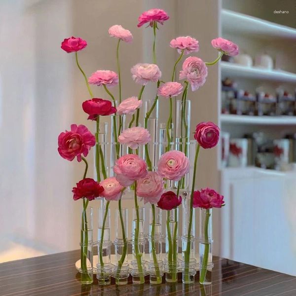 Vasen Home Testrohr Vase Glass Gitter rotes Ins Blumenhydroponische Blütenkerndekoration Blüten