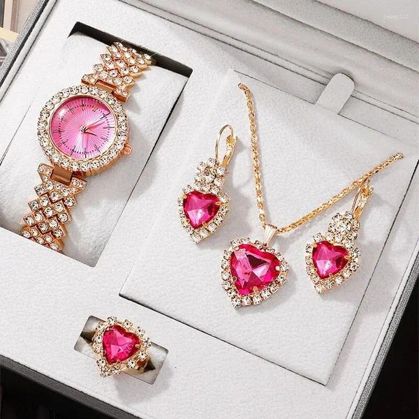 Kol saatleri altın pembe lüks izle kadınlar yüzük kolye küpe rhinestone moda kol saati gündelik bayanlar bilezik saatler takı seti