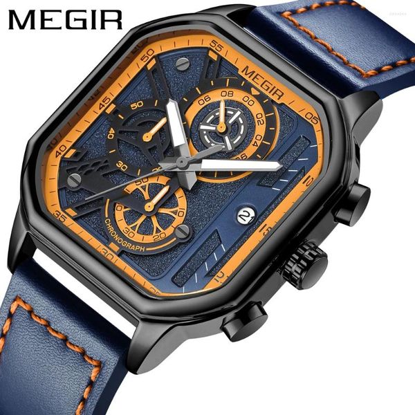 Armbanduhren Megir Square Dial Watch Männer wasserdichte Chronograph Militär männliche Uhr Top Leder Auto Date Mann Sport Armbanduhr