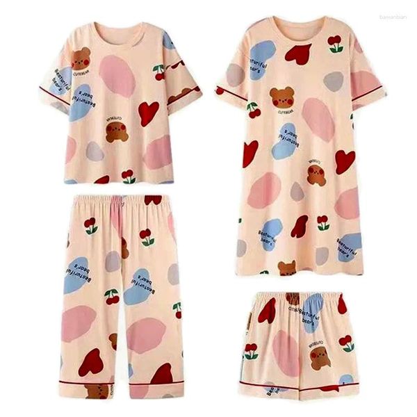 Heimkleidung vierköpfige Frauen |Pyjamas Set kurzärmelige Nachthemd Damen Casual Fashion Florale süßes süßes Comic Mädchen außerhalb von Homewear