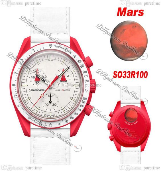 Bioceramic Moon Swiss Quqrtz Chronograph Mens Watch SO33R100 Миссия на Марс 42 -мм настоящий огненный красный керамический белый цифербл.