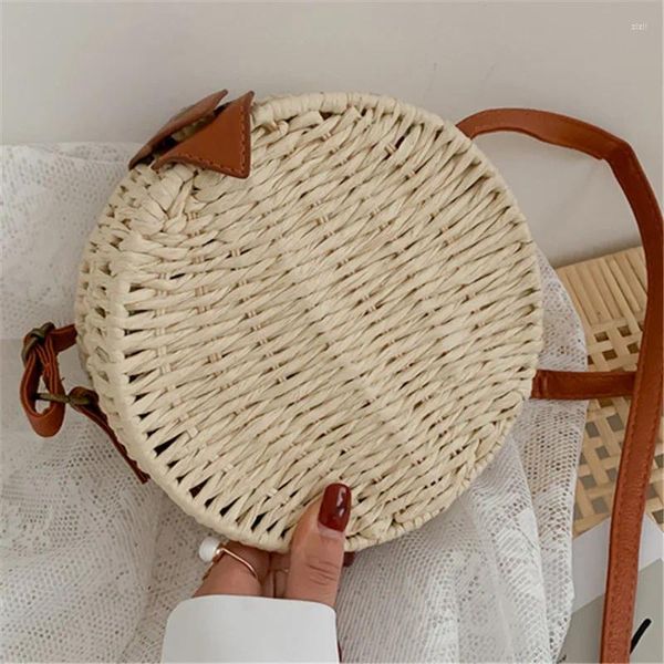 Çanta 2024 Yüksek Kapasiteli Moda Saman Omuz Zinciri Kadınlar Rattan Crossbody Leisure Ladies Cantse Kadın Yuvarlak Çantalar