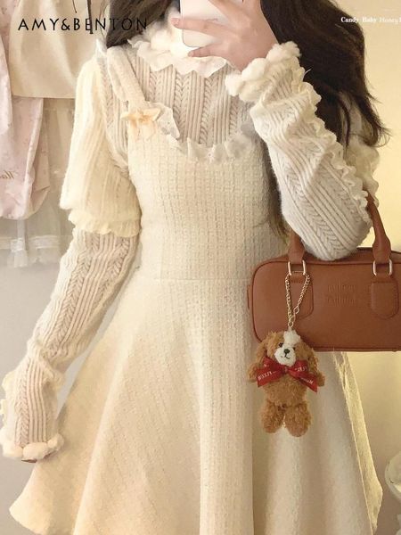 Günlük elbiseler tiki tarzı sevimli yay dantel dikişli kolsuz yün elbise kadınlar için Japon kawaii slim mini y2k seksi beyaz