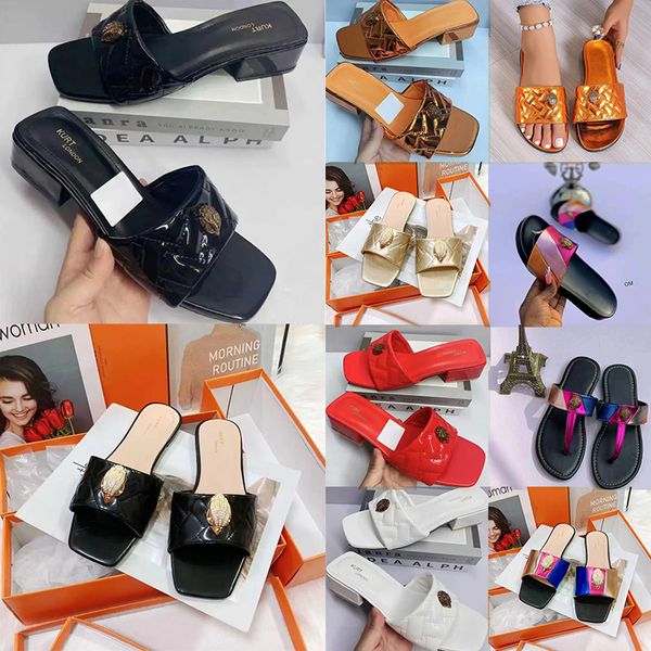Top Moda Calfskin Sandals de fundo plano famosos famosos famosos mulheres kurt sapatos luxuosos original slides slides de praia ladrões de borracha de couro macio chinelos de chinelos pretos chinelos pretos