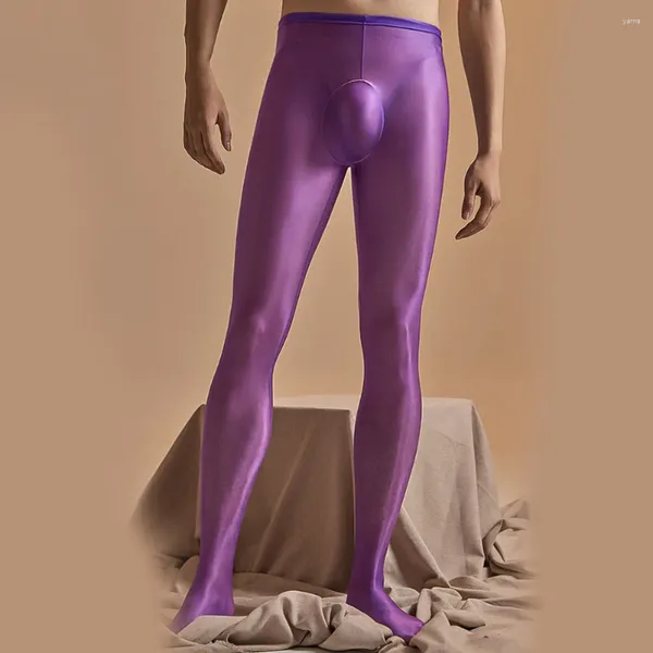 Meias masculinas Sexy Seisless Iltra Fin -Pantyhose Leggings Óleo Meias elásticas brilhantes na cintura alta Veja através de calças justas do homem