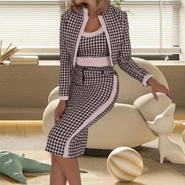 Arbeitskleider gestrickter Dame Office -Anzug eleganter Fischgrätendruck Frauen Weste Mantel Rock Set für schlanke Fit High Taille Reißverschluss
