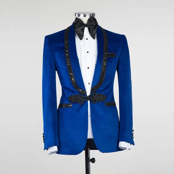 Ternos masculinos Classic Blue Velvet Men 2 Peças One Button Jacket Calça Groom Groom Casamento Made Made Cerimony Dress for Man