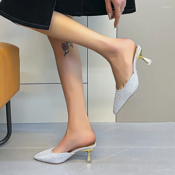 Terlik 2024 Yaz 6cm İnce Topuklu Kadın Mules Pullu Bez Klozet Sinkeli Ayak Parçaları Sandal Ayakkabıları Kadın Artı Büyük Boyut 45